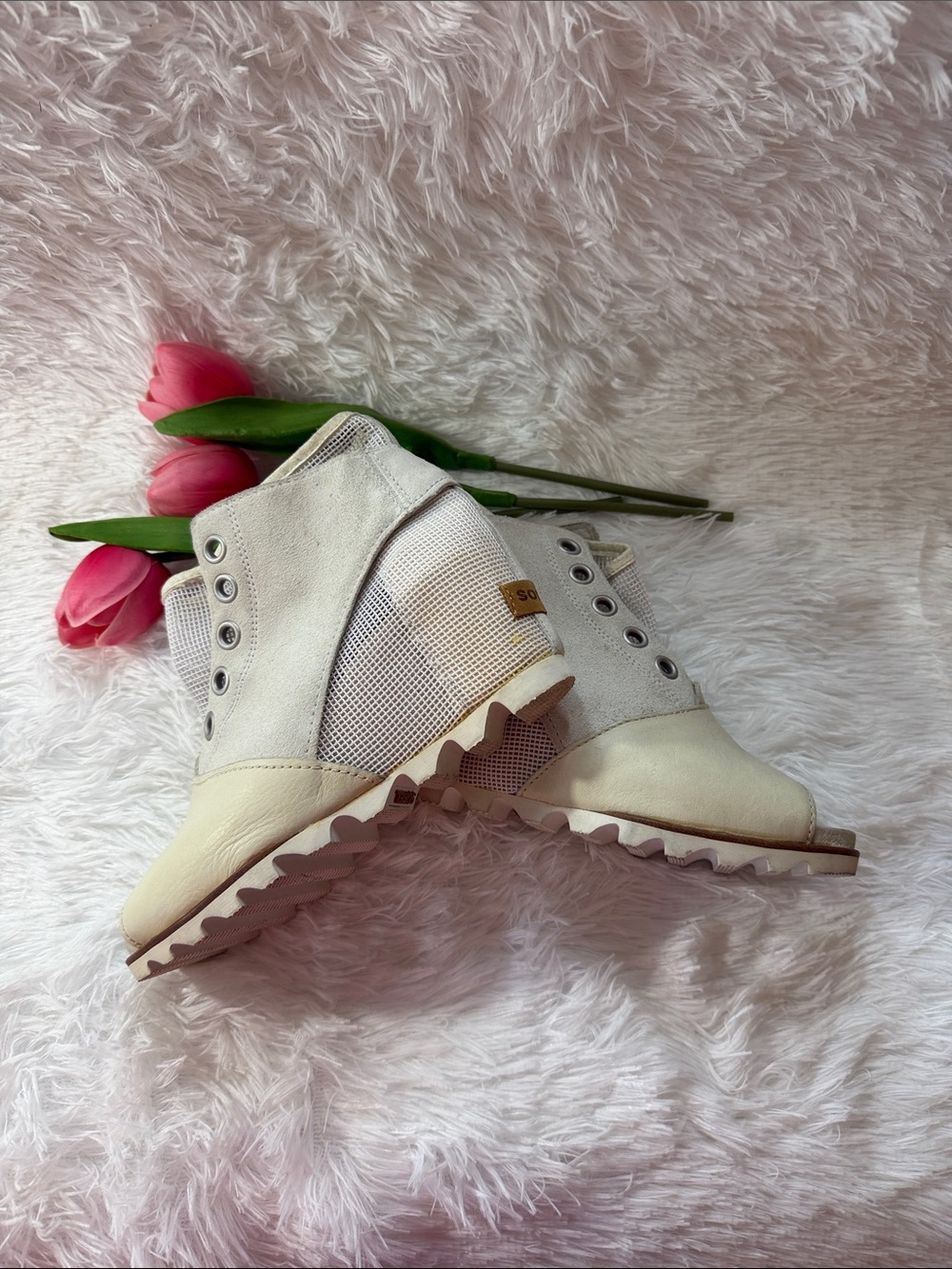 Sorel Cream Open Toe Wedge Ankle Boots Leather Suede Mesh